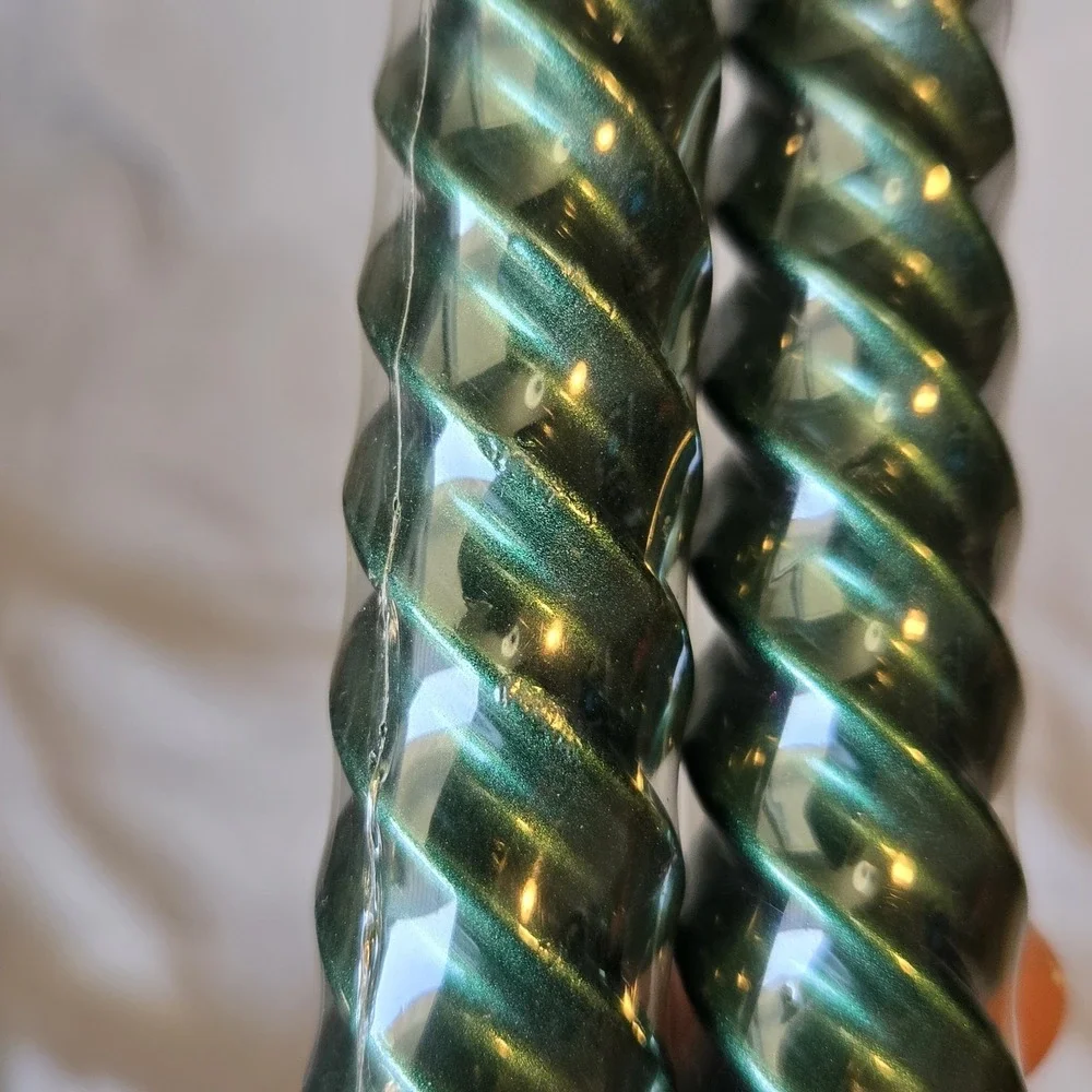 Vintage Pair Metallic Emerald Green Spiral Twist Taper Candles 11